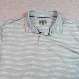 Amble Mens Short Sleeve Polo Shirt Blue White Wave Print Recycled Blend Size M